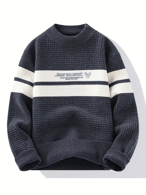 Jakesky™ Textured Knit Sweater – Cream & Gray Block Stripe