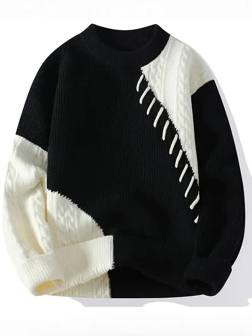 Jakesky™ Two-Tone Patchwork Knitted Sweater – Beige & Ivory