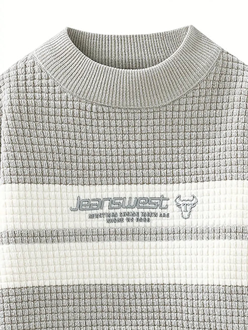 Jakesky™ Textured Knit Sweater – Cream & Gray Block Stripe