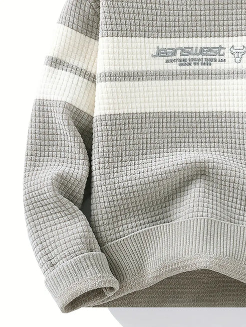 Jakesky™ Textured Knit Sweater – Cream & Gray Block Stripe