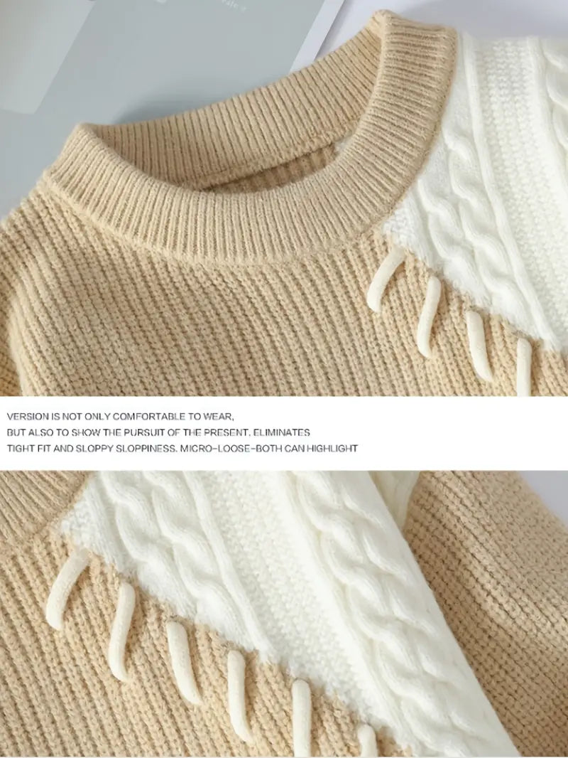 Jakesky™ Two-Tone Patchwork Knitted Sweater – Beige & Ivory