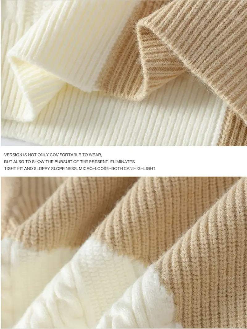 Jakesky™ Two-Tone Patchwork Knitted Sweater – Beige & Ivory