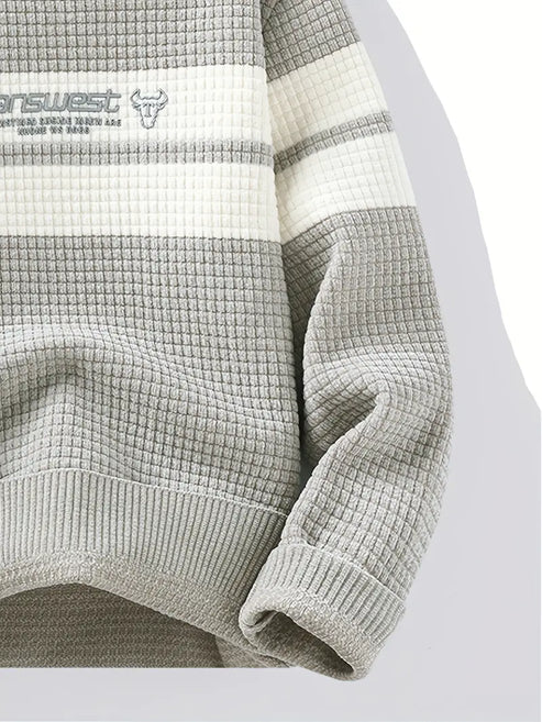 Jakesky™ Textured Knit Sweater – Cream & Gray Block Stripe