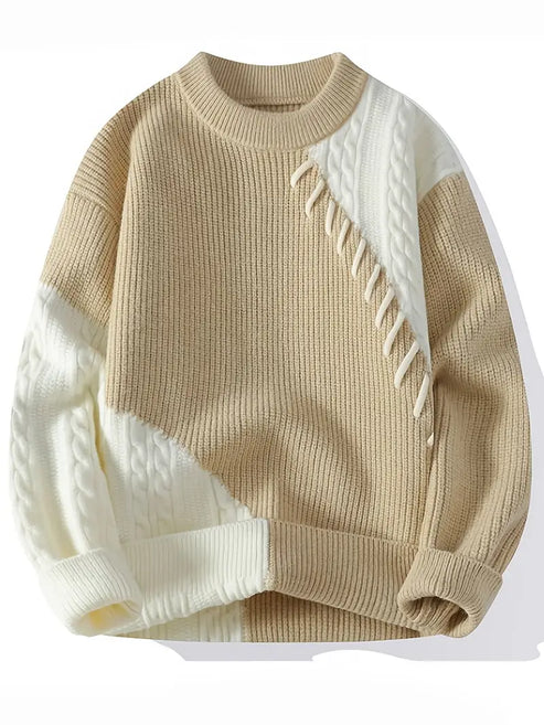 Jakesky™ Two-Tone Patchwork Knitted Sweater – Beige & Ivory