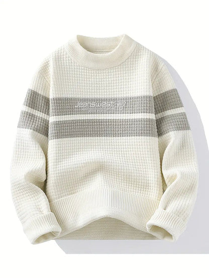 Jakesky™ Textured Knit Sweater – Cream & Gray Block Stripe