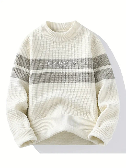 Jakesky™ Textured Knit Sweater – Cream & Gray Block Stripe