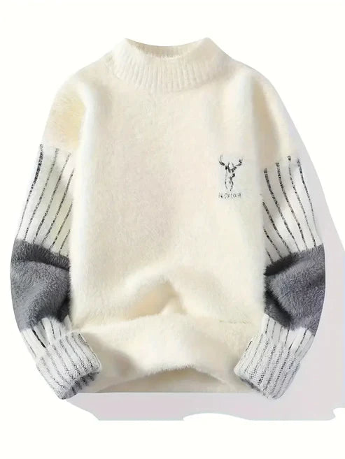 Jakesky™ Deer Embroidered Knitted Sweater – Cream & Gray