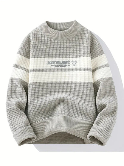 Jakesky™ Textured Knit Sweater – Cream & Gray Block Stripe