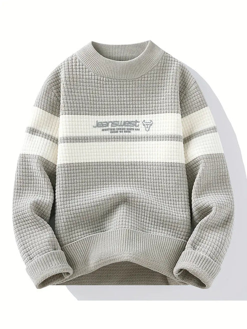 Jakesky™ Textured Knit Sweater – Cream & Gray Block Stripe
