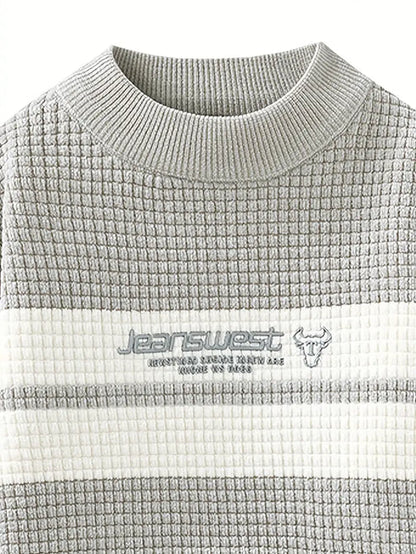 Jakesky™ Textured Knit Sweater – Cream & Gray Block Stripe