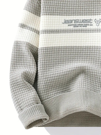 Jakesky™ Textured Knit Sweater – Cream & Gray Block Stripe