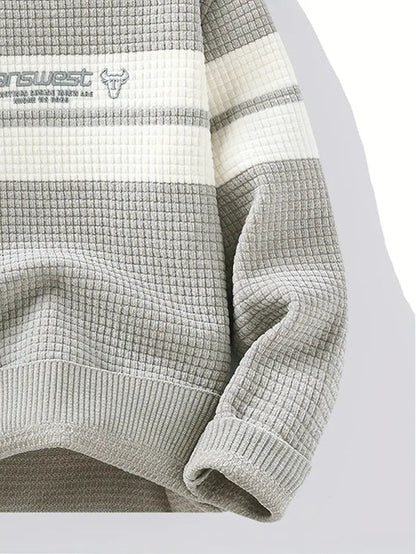 Jakesky™ Textured Knit Sweater – Cream & Gray Block Stripe
